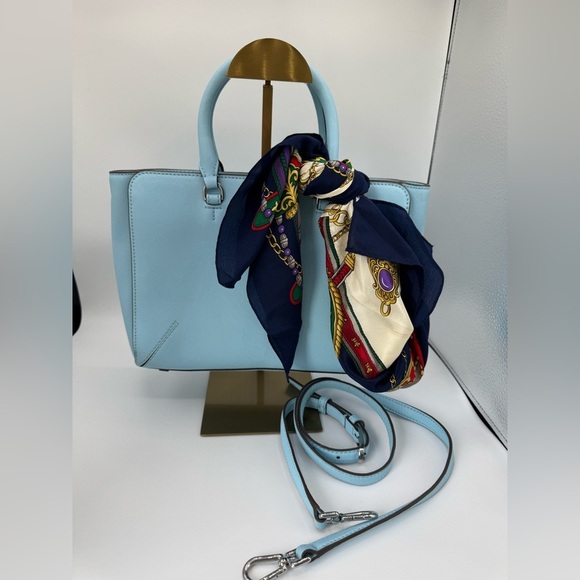 Tory Burch Baby Blue Leather Robinson Tote Two Way Silver Hardware Polo Scarf - Picture 5 of 17